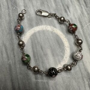 VTG Italy 925 Sterling Silver Cloisonne‎ Enamel Floral Bead Link Bracelet 7.25"